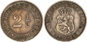 Bulgaria 2-1/2 Stotinki 1888
KM# 8; N# 22489; Copper-Nickel; Ferdinand I; Mint: Brussels; AUNC