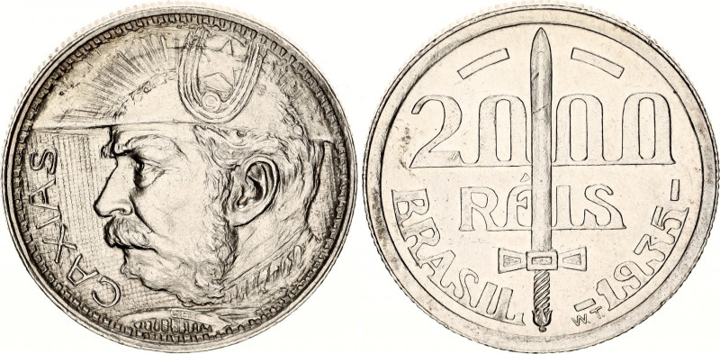 Brazil 2000 Reis 1935
KM# 535; N# 14493; Silver; UNC with minor hairlines.