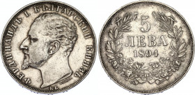 Bulgaria 5 Leva 1894 KB
KM# 18; N# 17712; Silver; Ferdinand I; Mint: Kremnitz; AUNC- Toned