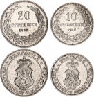 Bulgaria 10 & 20 Stotinki 1912
KM# 25 & 26; N# 4120 & 4737; Copper-Nickel; Ferdinand I; Mint: Kremnitz; UNC