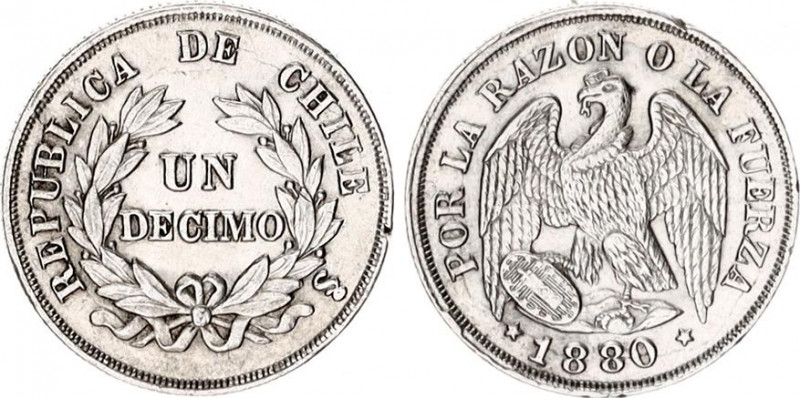 Chile 1 Decimo 1880 So
KM# 136.2; N# 11024; Silver; XF+.