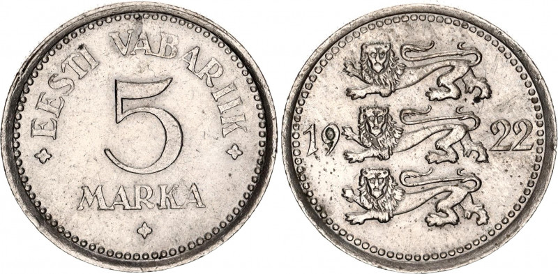 Estonia 5 Marka 1922
KM# 3; N# 4480; Copper-Nickel; Mint: Aron Hirsch HKM, Berl...