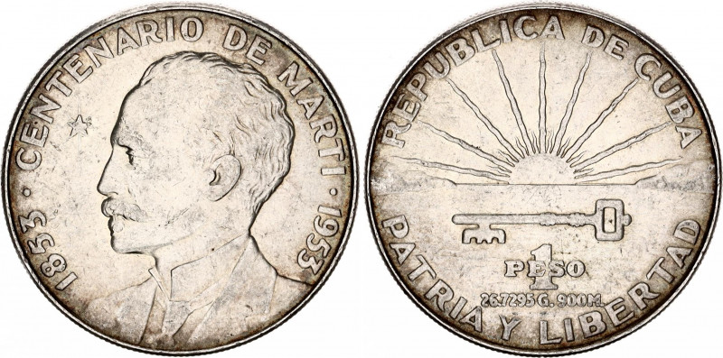 Cuba 1 Peso 1953
KM# 29; N# 9262; Silver; 100th Anniversary of José Martí birth...