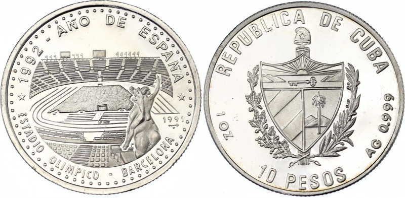 Cuba 10 Pesos 1991
KM# 350, N# 287531; Plain stripes on coat of arms; Silver., ...