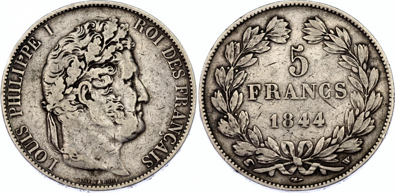 France 5 Francs 1844 W
KM# 749.13; F# 325/5; N# 196469; Silver; Louis-Philippe ...