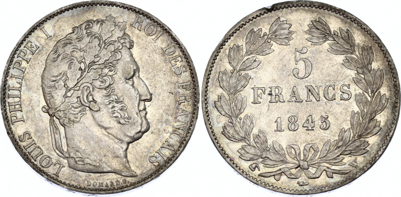 France 5 Francs 1845 W
KM# 749.13; F# 325/9; N# 196469; Silver; Louis-Philippe ...