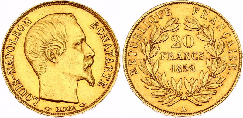 France 20 Francs 1852 A
KM# 774; F# 530/1; N# 11336; Gold (.900) 6.45 g.; Louis...