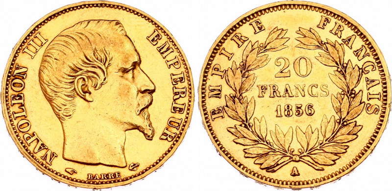 France 20 Francs 1856 A
KM# 781.1; F# 531; N# 3390; Gold (.900) 6.45 g.; Napole...