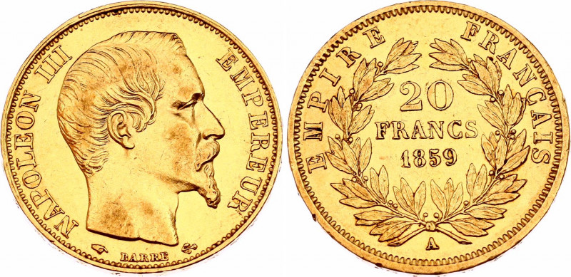 France 20 Francs 1859 A
KM# 781.1; F# 531; N# 3390; Gold (.900) 6.45 g.; Napole...