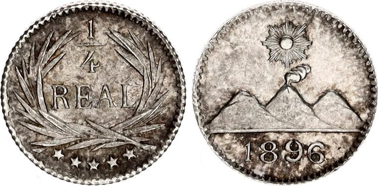 Guatemala 1/4 Real 1896
KM# 162; N# 8119; Silver; AUNC with minor hairlines.