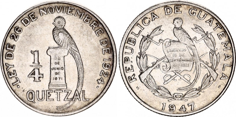 Guatemala 1/4 Quetzal 1947
KM# 243.2; N# 4326; Silver; XF.