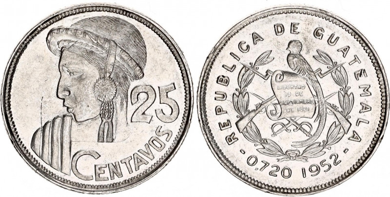 Guatemala 25 Centavos 1952
KM# 258; N# 8773; Silver; XF.