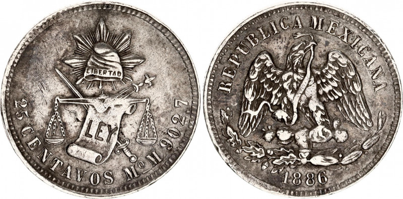 Mexico 25 Centavos 1886 Mo M
KM# 406.7; N# 18718; Silver; Mint: Mexico City; VF...