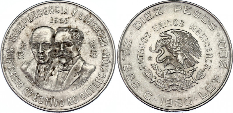 Mexico 10 Pesos 1960 Mo
KM# 476, N# 14754; Silver; 150th Anniversary - War of I...