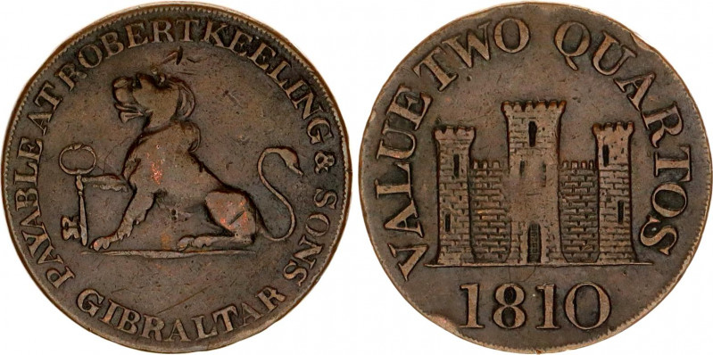 Gibraltar 2 Quartos 1810
KM# Tn4.1; Large date 5mm tall; Copper; Robert Keeling...