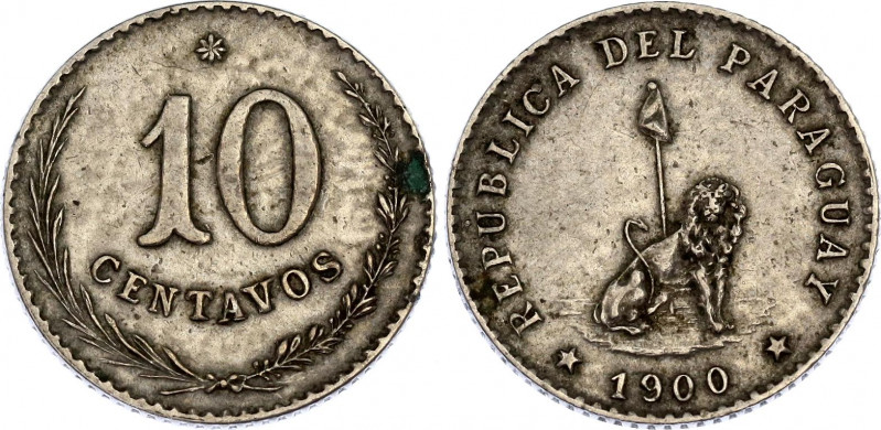 Paraguay 10 Centavos 1900
KM# 7; Schön# 2; N# 4344; Silver; Mint: Buenos Aires;...