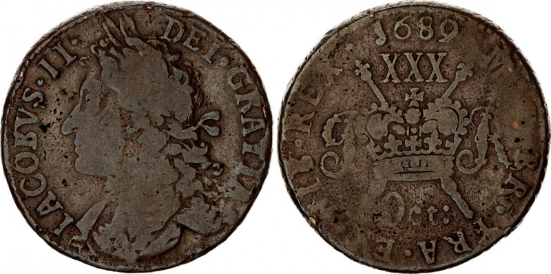 Ireland 1/2 Crown 1689 Oct
KM# 95; N# 55268; James II; Gun Money Large Coinage;...