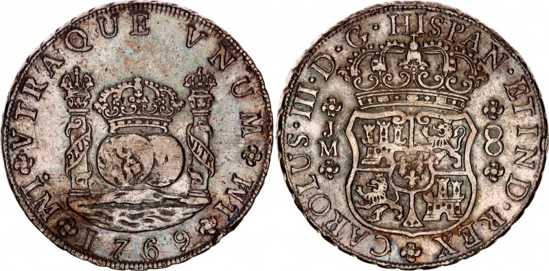 Peru 8 Reales 1769 JM
KM# A64.2, N# 34226; Dot above one mintmark; Silver; XF+