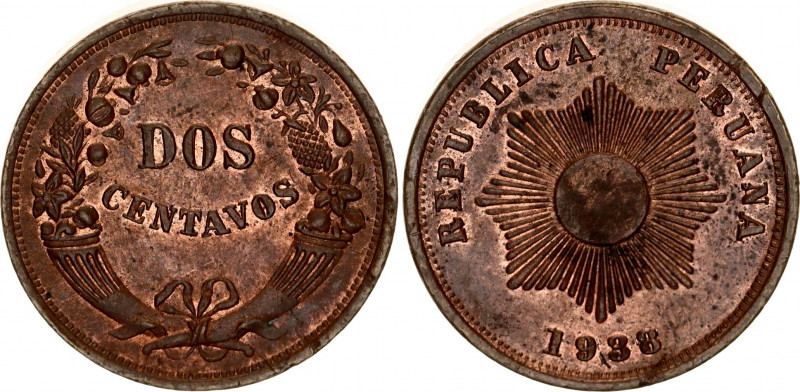 Peru 2 Centavos 1938
KM# 212.1, N# 9062; Copper or Bronze; UNC