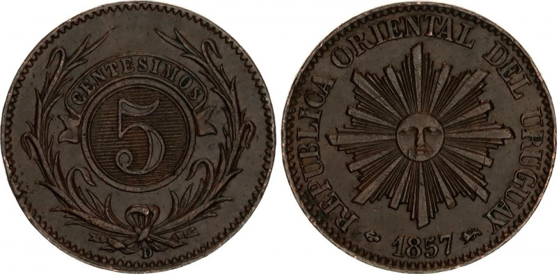 Uruguay 5 Centesimos 1857
KM# 8; N# 19101; Coin alignment; XF.