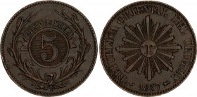 Uruguay 5 Centesimos 1857
KM# 8; N# 19101; Coin alignment; XF.