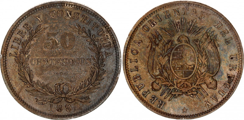 Uruguay 50 Centesimos 1893 So
KM# 16, N# 4361; Silver; XF, tooling mark on the ...