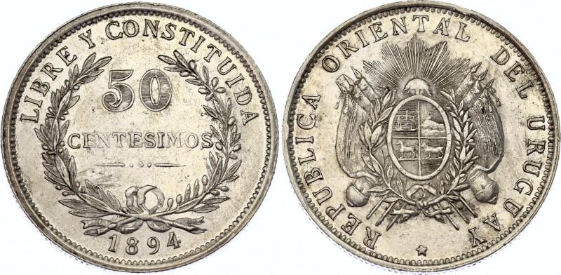 Uruguay 50 Centésimos 1894
KM# 16; SA# 31; N# 4361; Silver; AUNC Toned