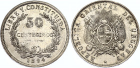 Uruguay 50 Centésimos 1894
KM# 16; SA# 31; N# 4361; Silver; AUNC Toned