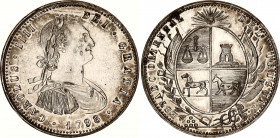 Uruguay Cointype Medal Carlos IIII 19th-20th Century (1798) (ND)
Silverd Brass 11.95 g., 34 mm., Prooflike; XF/AUNC with minor hairlines.