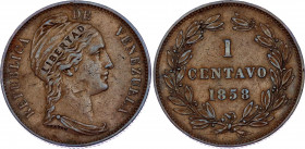 Venezuela 1 Centavo 1858
Y# 7; N# 14976; Copper; Mint: Heaton's Mint, Birmingham; XF