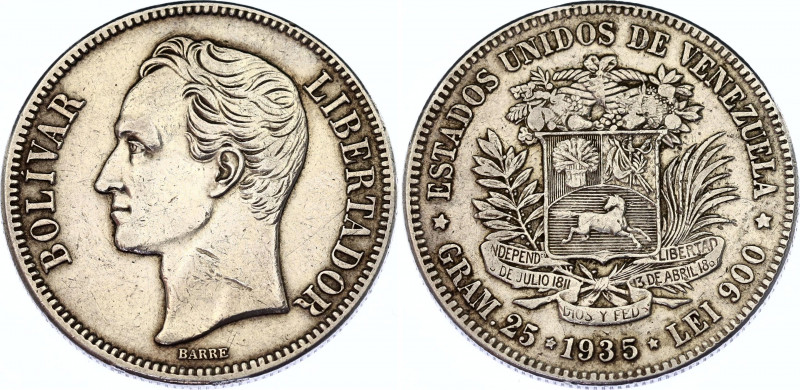 Venezuela 5 Bolivares 1935
Y# 24.2; Silver; XF