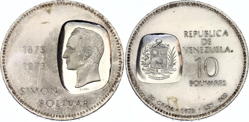 Venezuela 10 Bolívares 1973
Y# 45; N# 14538; Silver; Centennial of Simon Boliva...