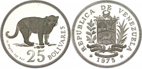 Venezuela 25 Bolívares 1975
Y# 46; N# 37246; Silver; Preservation of Fauna - Jaguar; Mint: Llantrisant; Mintage: 8217; UNC Proof