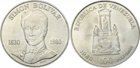 Venezuela 100 Bolivares 1980
Y# 56, N# 19880; Silver; 150 Years of the Death of the Liberator Simón Bolivar; UNC