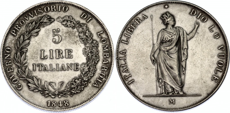 Italian States Lombardy-Venetia 5 Lire 1848 M
KM# 22.1; N# 18063; Silver; Provi...