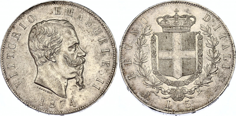 Italy 5 Lire 1874 M BN
KM# 8.3, N# 2290; Silver; Victor Emmanuel II; AUNC