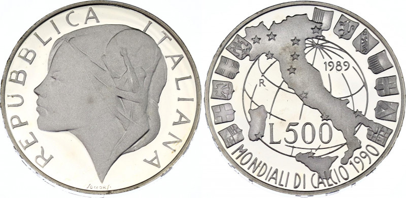 Italy 500 Lire 1989 R
KM# 134, N# 11435; Silver., Proof; World Football Cup 199...