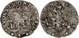 Russia - Livonia 4 Kopeks 1757
Bit# 641; 0,75 R by Petrov; Conros# 413/3; Silver 0.85 g; F-VF