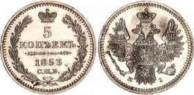Russia 5 Kopeks 1853 СПБ HI
Bit# 412; Conros# 169/45; Silver 1.04 g.; UNC with minor hairlines