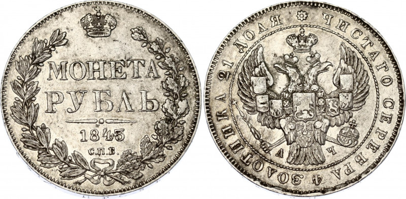 Russia 1 Rouble 1843 CПБ АЧ
Bit# 202; 1,5 R by Petrov; 3 R by Ilyin; Silver 20....