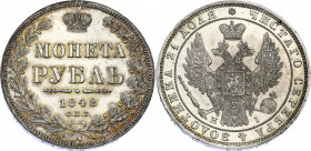Russia 1 Rouble 1848 СПБ HI
Bit# 218; 1,5 R by Petrov; Conros# 79/101; Silver 20.58 g.; UNC Toned