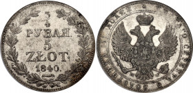 Russia - Poland 3/4 Rouble - 5 Zlotych 1840 MW PCG MS60
Bit# 1148; 1 R by Petrov; Silver; UNC
