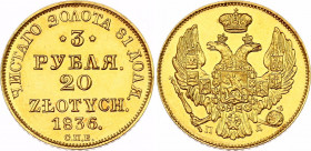 Russia - Poland 3 Roubles / 20 Zlotych 1836 СПБ ПД R
Bit# 1077 (R); Gold (.917) 3.90 g.; UNC with hairlines
