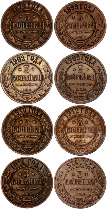 Russia 8 x 3 Kopeks 1874 - 1914
Copper; VF-XF