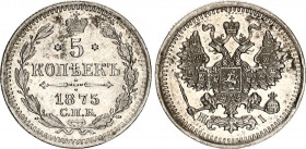 Russia 5 Kopeks 1875 СПБ HI
Bit# 276; Silver 0,94 g; UNC with minor hairlines.