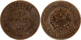 Russia 5 Kopeks 1878 СПБ
Bit# 506; Copper 16.76 g.; XF/AUNC