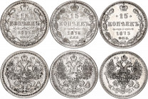 Russia 3 x 15 Kopeks 1873 - 1881
Silver; Various Litteras & Condition.