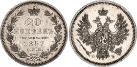 Russia 20 Kopeks 1857 СПБ ФБ
Bit# 60; Conros# 145/55; Silver 4.16 g.; AUNC/UNC with hairlines