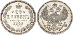 Russia 20 Kopeks 1862 СПБ МИ
Bit# 175; Silver, UNC, mint luster. Rare condition.