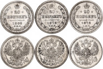 Russia 3 x 20 Kopeks 1868 - 1872 СПБ HI
Silver; Various Condition.